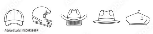 Set of minimalist black line icons depicting different types of headwear like a baseball cap, racing helmet, western hat, fedora, and beret, isolated on a white background
