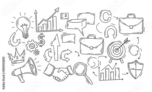 Hand-drawn set of business and marketing doodle icons representing concepts like strategy, growth, ideas, and success, illustrated in a black and white sketchy line art style