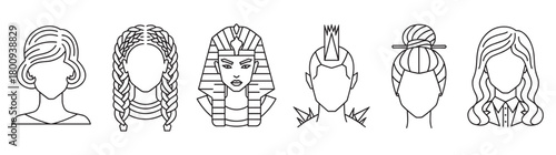 A diverse collection of female avatar icons in a minimalist line art style, showcasing various historical, cultural, and subcultural hairstyles on a clean white background