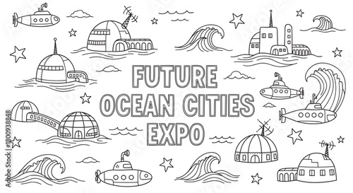A whimsical black and white line drawing featuring a collection of futuristic ocean city buildings, submarines, and waves, with bold text in the center for a fun coloring activity