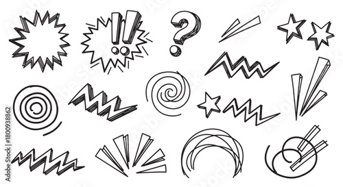 Set of expressive hand-drawn sketch elements in a retro comic style, featuring abstract shapes, starbursts, spirals, and punctuation for emphasis and graphic design