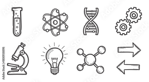A collection of hand-drawn science and technology icons in a black and white sketch style, representing research, innovation, and education, isolated on a white background