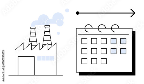 Factory with chimneys emitting smoke next to a calendar and directional arrow. Ideal for production scheduling, manufacturing process, logistics planning, deadline management, industrial strategy