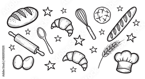 A delightful collection of sketched baking and pastry elements, showcasing bread, croissants, a chef's hat, and kitchen tools in a classic, hand-drawn illustration style for culinary concepts