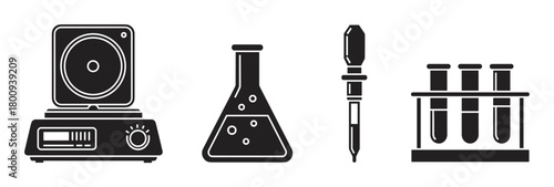A set of black silhouette icons representing scientific laboratory equipment, including a magnetic stirrer, flask, pipette, and test tubes, isolated on a white background
