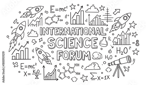 A hand-drawn doodle illustration for an international science forum, featuring rockets, chemical formulas, graphs, and a telescope on a white background, representing innovation and education