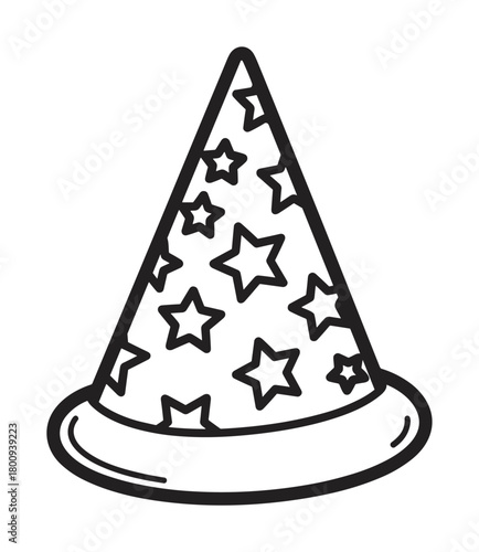 A simple black and white line art illustration of a festive cone-shaped party hat decorated with a star pattern, isolated on a clean white background for easy editing