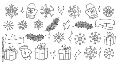 A large collection of hand-drawn winter holiday elements, including snowflakes, presents, and mittens, in a black and white doodle style isolated on a white background