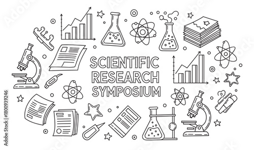Doodle-style banner for a scientific research symposium featuring various outline icons such as microscopes, laboratory flasks, atoms, and data graphs on a white background