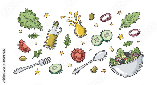 A colorful hand-drawn illustration set of fresh salad ingredients, including lettuce, tomato, cucumber, olives, and olive oil, arranged on a light background for a healthy eating concept
