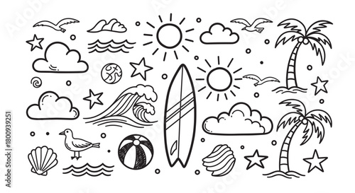 A charming collection of hand-drawn summer beach doodles, including a surfboard, palm trees, sun, and waves, in a simple black line art style on a cream background