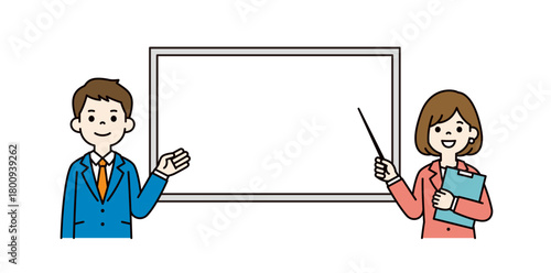 ホワイトボードと、指示棒を持って説明するビジネスパーソンの上半身ベクターイラスト素材＿カラー