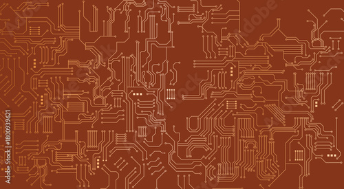 Abstract black circuit board technology connected lines electronics elements computer motherboard chip processor semiconductor digital on orange background vector