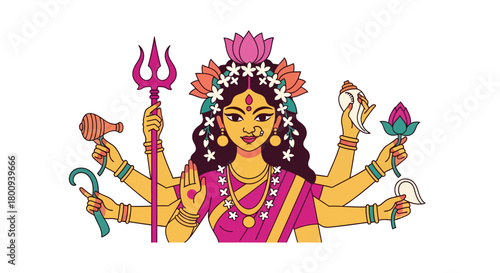Vibrant depiction of Goddess Durga, the divine mother, holding sacred symbols and bestowing blessings with her multiple arms and serene expression.