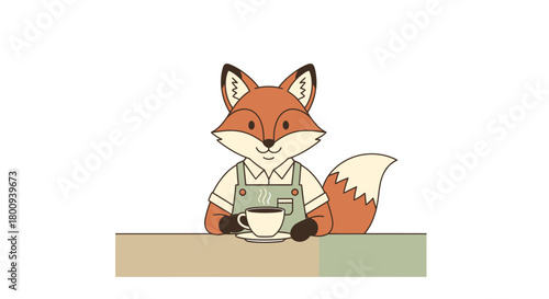 Adorable fox barista enjoying a hot drink at the cafe, perfect for children's books and whimsical designs with a cozy, inviting atmosphere