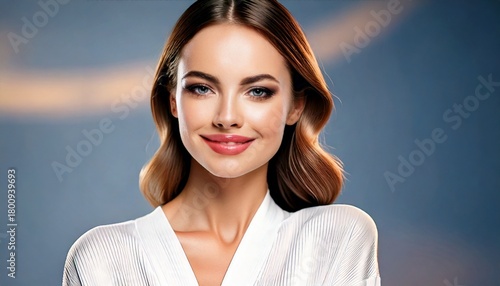 Elegant Woman in White Robe Touching Hair in Warm Natural Light