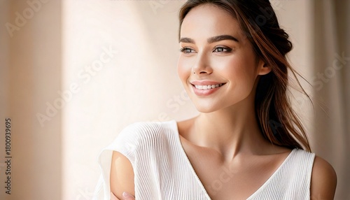 Beautiful Woman with Glowing Skin and Flowers in Soft Pink Background