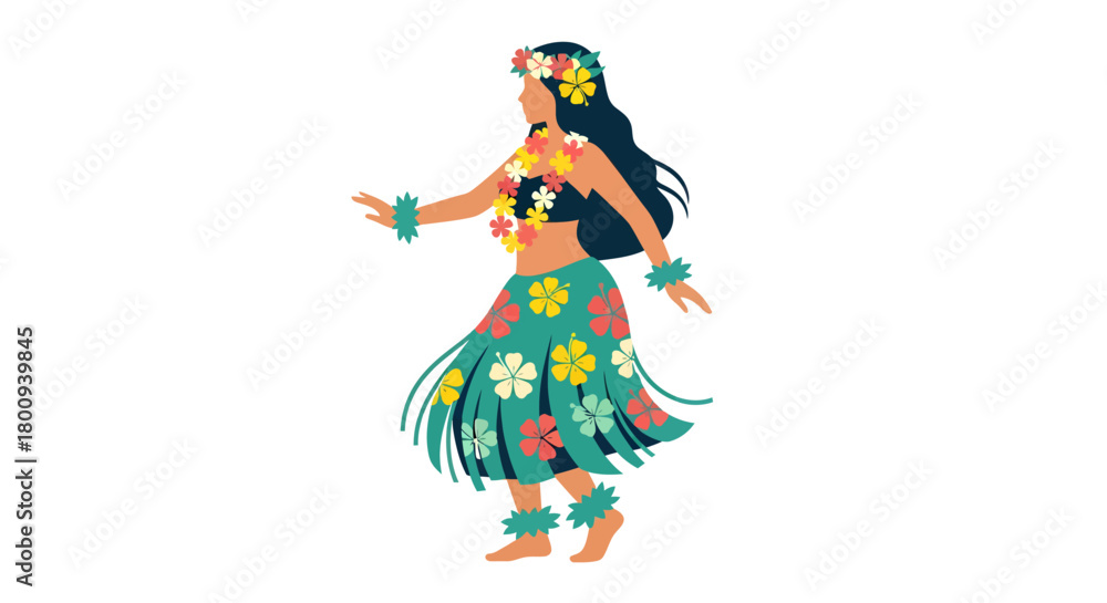 Naklejka premium Celebrate Hawaiian culture with a hula dancer adorned in vibrant flowers, perfect for travel promotions or cultural event designs, embodying the Aloha spirit