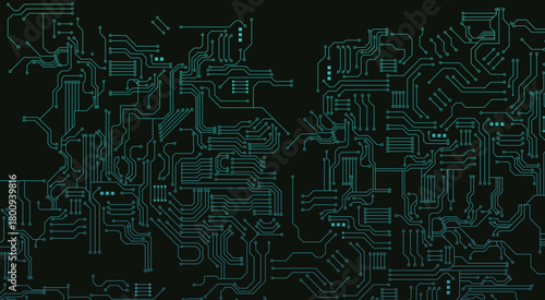 Abstract black circuit board technology connected lines electronics elements computer motherboard chip processor semiconductor digital on black background vector
