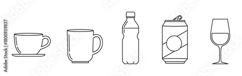 A collection of various beverage containers, including a cup, mug, plastic bottle, aluminum can, and wine glass, illustrated in a clean, minimalist black line art icon style