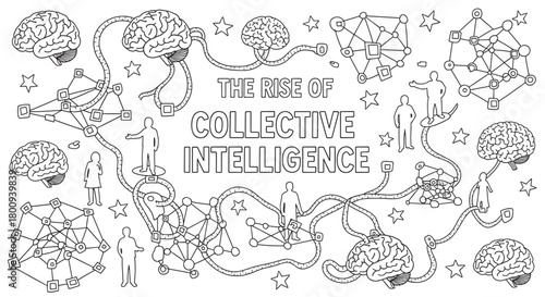 A conceptual black and white line drawing illustrating collective intelligence, with human brains and people silhouettes connected to complex networks in a hand-drawn doodle style