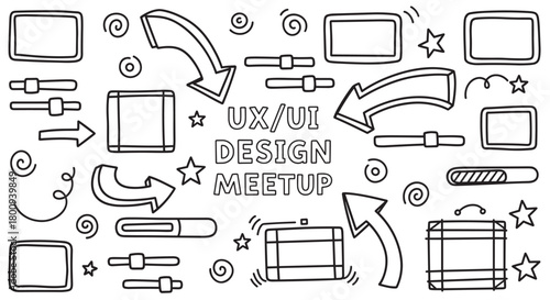 A hand-drawn doodle illustration featuring 'UX/UI DESIGN MEETUP' text, surrounded by user interface elements, arrows, stars, and spirals, all in black outline on a white background