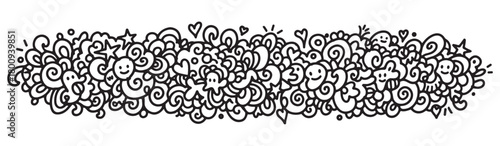 A hand-drawn black and white doodle banner with cute cartoon characters, smiley faces, hearts, and stars mixed with abstract swirls and curls on a clean white background