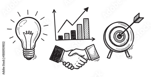 Doodle illustration set of key business success concepts with a lightbulb, rising graph, target with arrow, and handshake, representing strategy, innovation, and achievement