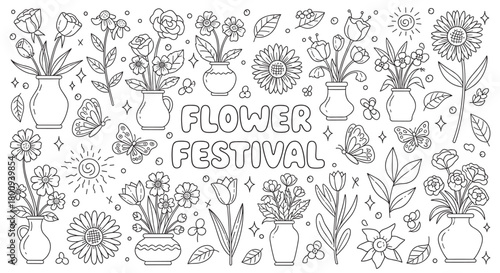 A large set of hand-drawn doodle style flowers in vases, butterflies, and suns with central lettering, perfect for a coloring book page or a spring celebration banner design
