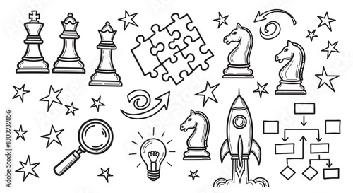 Hand-drawn collection of doodle icons representing business strategy, innovation, and growth, featuring chess pieces, a rocket, puzzle, lightbulb, and flowchart on a simple background