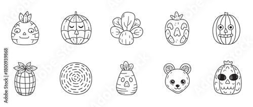 A charming collection of hand-drawn doodle icons featuring cute and spooky characters like pumpkins, fruits, and animals, isolated on a white background in a simple line art style