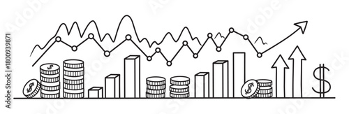 Hand-drawn doodle illustration of a financial growth concept with rising bar charts, line graphs, stacks of coins, and upward arrows isolated on a white background