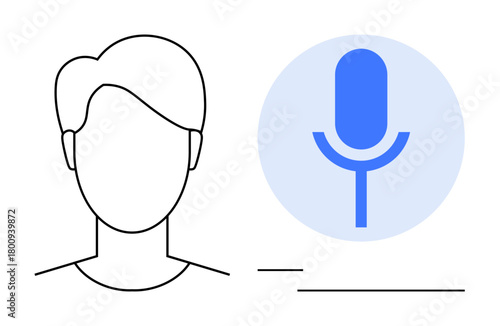Person outline next to a blue microphone symbol, representing voice input technology. Ideal for communication, audio interface, podcast, AI, smart assistant, speech recognition accessibility. A