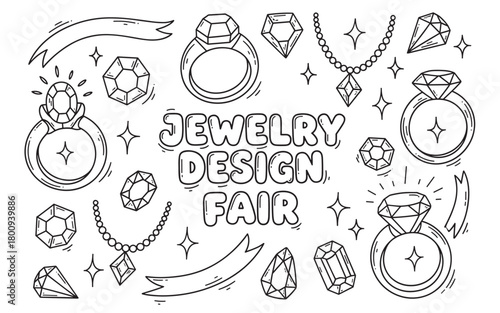 Hand-drawn line art illustration with a collection of doodle-style jewelry, including rings, gems, and necklaces, surrounding promotional text on a white background