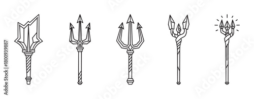 A set of five different mythological trident designs, illustrated in a clean black and white line art style, perfect for icons or fantasy weapon concepts isolated on a white background