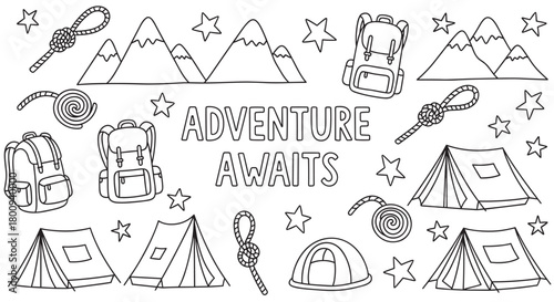 Hand-drawn doodle set of camping and hiking icons with the motivational quote Adventure Awaits, featuring tents, backpacks, and mountains in a black and white line art style