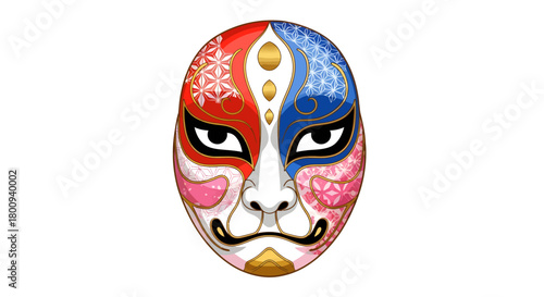 Intricate Japanese Noh Mask Artwork for Cultural Celebration or Creative Design Projects with Red, Blue and Gold Details