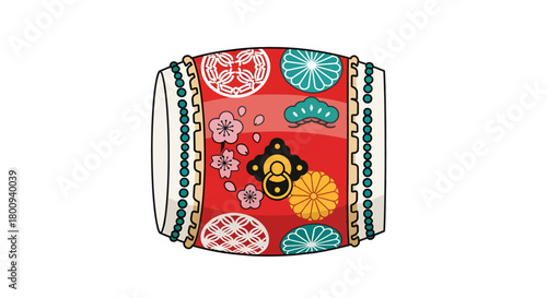 Vibrant Japanese Taiko drum illustration with traditional floral patterns celebrating Asian culture and music festivals, perfect for festive designs