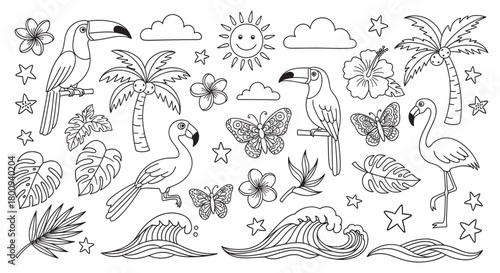 A charming collection of hand-drawn tropical summer doodles featuring toucans, flamingos, palm trees, and flowers in a simple black and white line art coloring book style