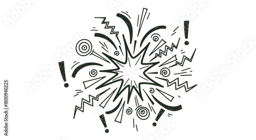 A hand-drawn doodle of a comic book explosion with exclamation marks, zig-zags, and spirals on a beige background, conveying a sense of surprise, energy, and excitement