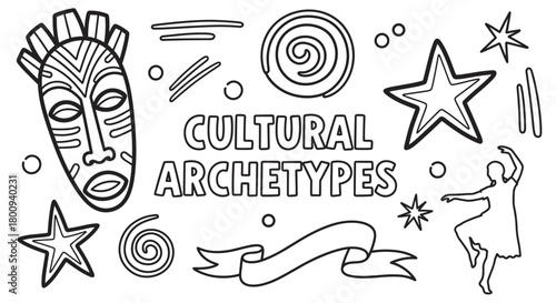 A black and white line art illustration set about cultural archetypes, featuring a tribal mask, a dancing figure, stars, and spirals, representing universal human patterns