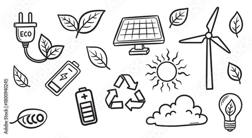 A collection of hand-drawn doodle icons representing concepts of ecology, renewable energy, and sustainability, including a solar panel, wind turbine, and recycling symbol