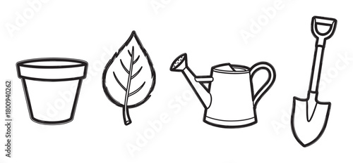 A set of hand-drawn gardening icons including a flower pot, leaf, watering can, and shovel, presented as a simple black and white line art illustration on a clean background