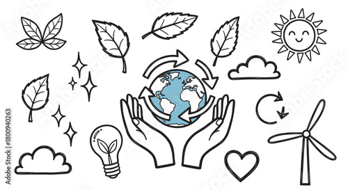 A collection of hand-drawn doodle icons representing ecology, sustainability, and environmental care, featuring hands holding the Earth, leaves, a wind turbine, and a sun