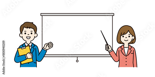 スクリーンと、ポインターを持って説明する女性社員の上半身ベクターイラスト素材＿カラー