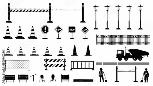 Construction barricades and safety equipment elements for road work and city projects