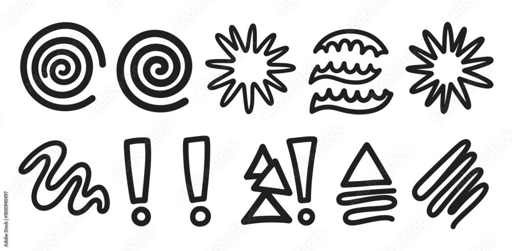 Fototapeta premium A collection of hand-drawn black doodle shapes and symbols, including spirals, starbursts, and exclamation marks, isolated on a white background for creative design projects