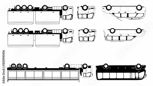Detailed bus blueprint illustration for engineering and design projects with various perspectives shown