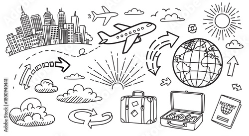A collection of hand-drawn doodle icons representing global travel, including an airplane, suitcase, passport, globe, and city skyline, illustrating a journey or vacation concept