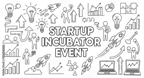 A black and white doodle illustration for a startup incubator event, featuring a set of hand-drawn icons like rockets, lightbulbs, and charts symbolizing business growth and innovation
